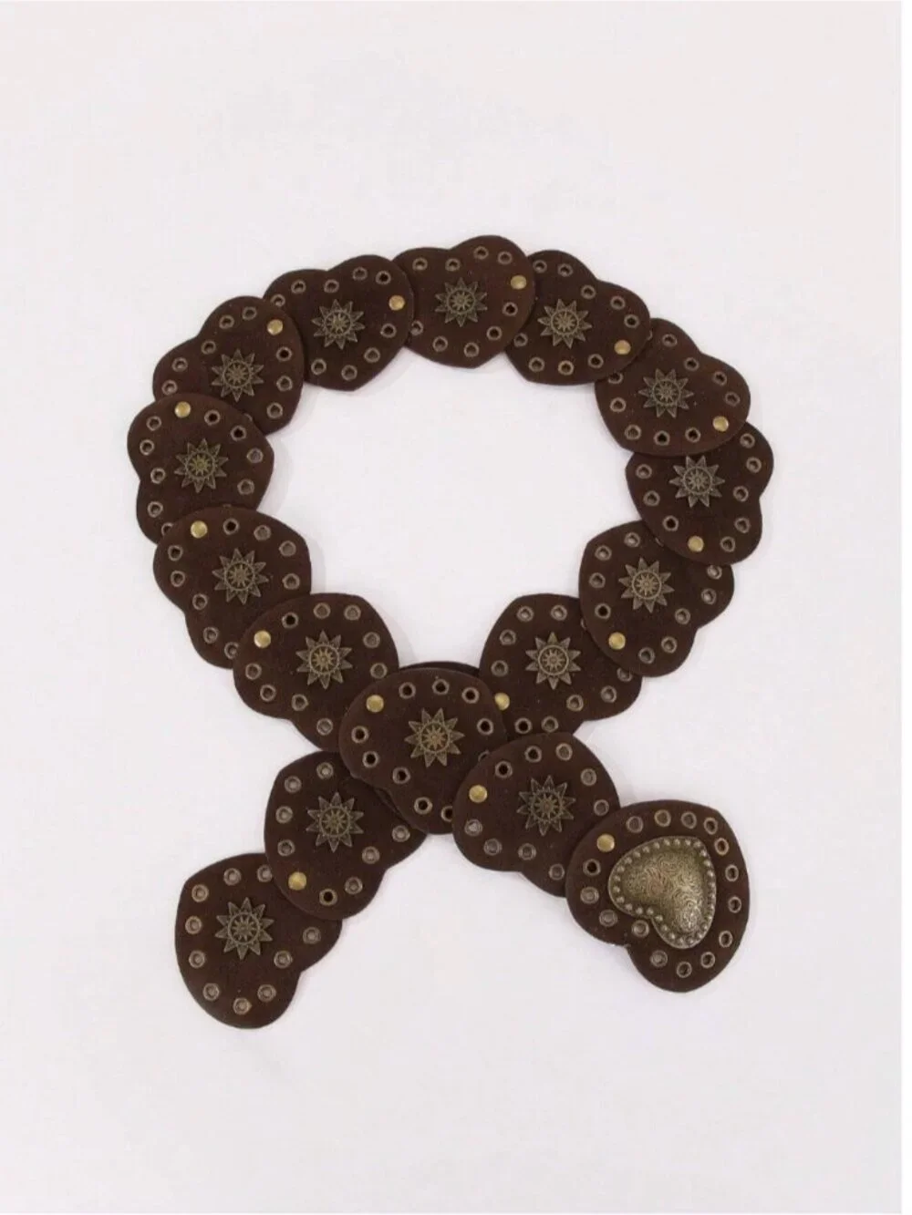 Brown Boho Heart Chain Hip Belt | Faux Suede Grommet & Studded Waist Belt |